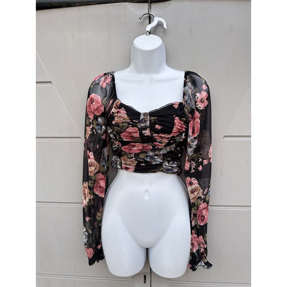 Evolution Made USA Mesh Crop Top Dark Floral Combo Sweetheart Neck Ruched Sz M